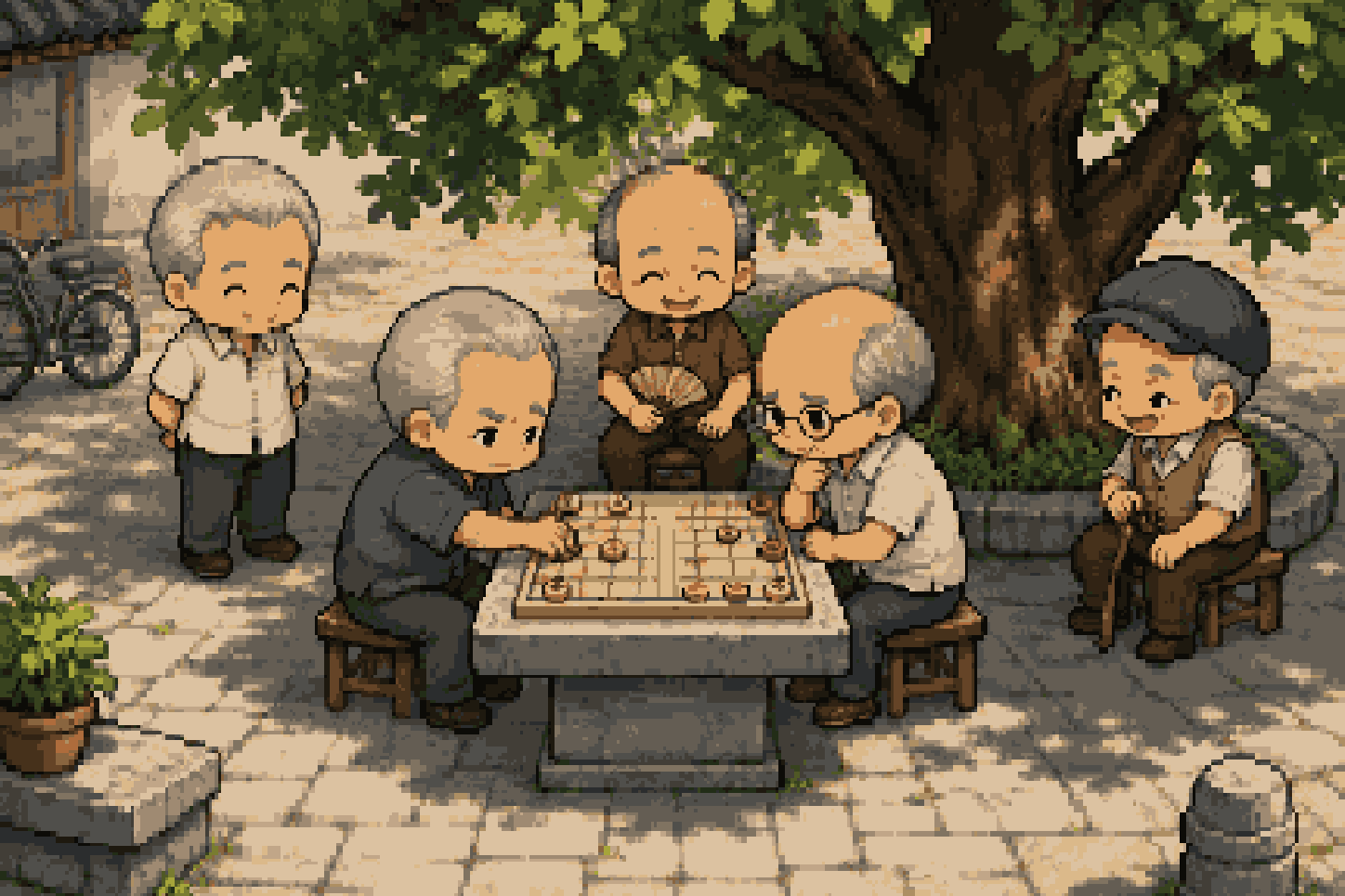 树荫下，几位老人围着石桌下棋